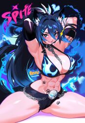 Rule 34 | 1girl, abs, animal ears, armpits, arms behind head, bikini, blue fire, blue hair, breasts, chain, chain leash, character name, collar, commentary, english commentary, fangs, fire, gluteal fold, hair between eyes, hair ornament, heart, highres, indie virtual youtuber, large breasts, leash, long hair, looking at viewer, navel, open mouth, ponytail, short shorts, shorts, skull hair ornament, solo, spite (vtuber), split, swimsuit, swolefin, tail, teeth, tongue, twitter username, very long hair, virtual youtuber, watermark, wolf ears, wolf girl, wolf tail