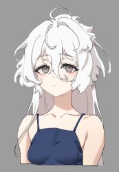 Rule 34 | 1girl, ahoge, bare shoulders, blue dress, collarbone, disheveled, dress, grey background, grey eyes, gundam, gundam suisei no majo, hair between eyes, highres, long hair, looking at viewer, messy hair, miorine rembran, simple background, sleeveless, sleeveless dress, solo, white hair, zzzearly