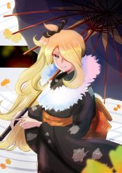 Rule 34 | 1girl, alternate costume, black kimono, blonde hair, blurry, closed mouth, commentary request, creatures (company), cynthia (pokemon), eyelashes, falling leaves, game freak, hair ornament, hair over one eye, highres, holding, holding umbrella, japanese clothes, kimono, leaf, long hair, long sleeves, looking at viewer, nintendo, noppe, pokemon, pokemon dppt, sash, smile, solo, umbrella, wide sleeves, yellow eyes