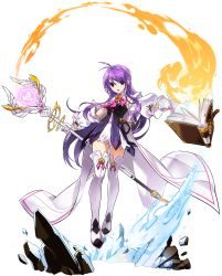 Rule 34 | 1girl, aether sage (elsword), ahoge, aisha landar, antenna hair, artist request, book, boots, coat, dress, elsword, fire, floating, full body, gloves, highres, holding, holding staff, layered dress, long hair, looking at viewer, magic, official art, pink neckwear, purple eyes, purple hair, serious, solo, staff, thigh boots, thighhighs, transparent background, very long hair, white coat, white dress, white footwear, white gloves, white thighhighs