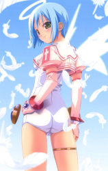 Rule 34 | 1girl, angel, angel wings, ass, blue hair, blue sky, blurry, blush, bracer, cameltoe, clenched hand, cowboy shot, crop top, cross, day, depth of field, djibril (makai tenshi djibril), elbow gloves, feathers, fingerless gloves, flapper shirt, floating, from behind, gem, gloves, glowing, glowing wings, gradient background, green eyes, halo, hand on own hip, highres, kuuchuu yousai, looking at viewer, looking back, magical girl, makai tenshi djibril, manabe rika, mini wings, official art, one-piece swimsuit, outdoors, pink gloves, puffy short sleeves, puffy sleeves, scan, school swimsuit, school uniform, serafuku, shirt, short hair, short sleeves, sidelocks, sky, smile, solo, standing, swimsuit, swimsuit costume, swimsuit under clothes, thighlet, thighs, white one-piece swimsuit, white school swimsuit, wings