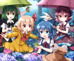 Rule 34 | 4girls, :o, animal, antennae, ascot, bird wings, black cape, black headwear, black shorts, blue bow, blue dress, blue eyes, blue flower, blue hair, bow, brown dress, brown headwear, bug, butterfly, cape, cirno, coat, collared shirt, commentary request, day, dress, dress shirt, eyeball, eyes visible through hair, feathered wings, flower, frog, green eyes, green hair, green umbrella, hair between eyes, hair bow, hair ornament, hair ribbon, hand up, hat, highres, holding, holding animal, holding umbrella, hood, hood down, hydrangea, ice, ice wings, insect, light brown hair, mob cap, multiple girls, mystia lorelei, neck ribbon, open mouth, outdoors, outstretched arms, puffy short sleeves, puffy sleeves, purple eyes, purple flower, purple hair, pyonta, rain, raincoat, red cape, red eyes, red ribbon, red umbrella, ribbon, rumia, ruu (tksymkw), shirt, short shorts, short sleeves, shorts, skirt, sleeveless, sleeveless dress, spread arms, team 9 (touhou), touhou, tree, two-handed, umbrella, unworn hat, unworn headwear, water drop, wet, wet clothes, white shirt, white wings, wings, wriggle nightbug, yellow coat