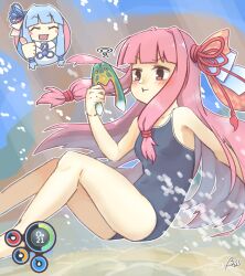 Rule 34 | &lt;boss&gt;, 2girls, ?, afloat, air bubble, animal, armpits, barefoot, blue hair, blue one-piece swimsuit, blue ribbon, blunt bangs, blush, blush stickers, boomerang (subnautica), breasts, bubble, chibi, chibi inset, commentary request, crossover, fish, floating hair, foot out of frame, furrowed brow, hair intakes, hair ribbon, hand up, health bar, holding, holding animal, holding breath, holding fish, kotonoha akane, kotonoha aoi, long hair, low-tied sidelocks, medium breasts, multiple girls, neck ribbon, one-piece swimsuit, outline, pink eyes, pink hair, red ribbon, ribbon, school swimsuit, sidelocks, subnautica, swimsuit, thumbs up, underwater, user interface, v-shaped eyebrows, voiceroid, white outline