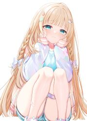 Rule 34 | 1girl, absurdres, aqua shirt, aqua shorts, bandaid, bandaid on leg, blonde hair, blush, bow, braid, commentary request, feet out of frame, frown, green eyes, hair bow, hair ornament, hands on own cheeks, hands on own face, highres, hololive, ineka ka, kazama iroha, kazama iroha (streetwear), leaf hair ornament, long hair, long sleeves, looking at viewer, pokobee, shirt, shorts, sleeves past wrists, squatting, thigh strap, thighs, virtual youtuber, white bow