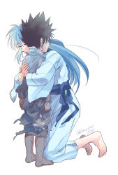 Rule 34 | 1boy, 1girl, black hair, closed eyes, full body, height difference, hiei, hina (yu yu hakusho), holding, holding jewelry, holding necklace, hug, imuro, japanese clothes, jewelry, kimono, kneeling, long hair, mother and son, necklace, parted lips, spiked hair, standing, yukata, yuu yuu hakusho
