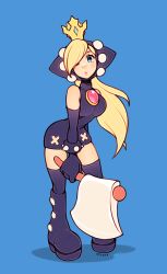 Rule 34 | 1girl, artist name, axe, bare shoulders, blonde hair, blue background, blue footwear, blue gloves, blue thighhighs, boots, bracelet, breasts, closed mouth, crown, elbow gloves, eyelashes, full body, gloves, grey eyes, highres, holding, holding axe, jewelry, long hair, looking at viewer, mario (series), mario power tennis, mario tennis, nintendo, oxcoxa, simple background, solo, spiked bracelet, spikes, thighhighs, twitter username, warupeach