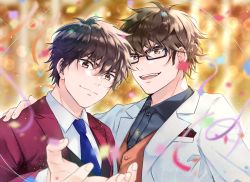 Rule 34 | 2boys, ace of diamond, brown eyes, brown hair, commentary request, confetti, couple, formal, glasses, highres, husband and husband, male focus, miyuki kazuya, multiple boys, necktie, open mouth, petals, red suit, sawamura eijun, short hair, smile, suit, terarenai, wedding, white suit, yaoi