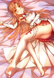Rule 34 | 10s, 1girl, ass, asuna (sao), brown hair, detached sleeves, feet, go sai (475789336), highres, legs, long hair, long legs, looking at viewer, lying, no shoes, on back, pink eyes, skirt, solo, sword art online, thighhighs, thighs, white thighhighs
