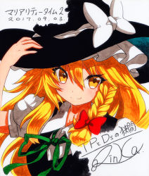 Rule 34 | 1girl, arm up, artist name, bad id, bad pixiv id, black hat, blonde hair, bow, braid, closed mouth, dated, green ribbon, grey background, hair between eyes, hair bow, hand on headwear, hat, hat bow, kirisame marisa, long hair, looking at viewer, neck ribbon, puffy short sleeves, puffy sleeves, qqqrinkappp, red bow, ribbon, short sleeves, side braid, sidelocks, signature, simple background, single braid, smile, solo, touhou, traditional media, upper body, white bow, witch hat, yellow eyes
