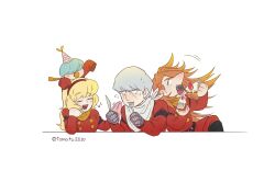 blonde_hair blue_hair cake closed_eyes cyborg cyborg_009 food francoise_arnoul grey_hair hairband happy_birthday highres ivan_whisky jet_link light_blue_hair long_hair military_uniform orange_hair red_hairband scarf short_hair smile tomato8830