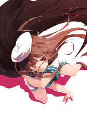 Rule 34 | 1girl, absurdres, ahoge, brown hair, cape, commentary request, cosplay, eyepatch, unworn eyepatch, floating hair, full body, hat, highres, huge ahoge, kantai collection, kiso (kancolle), kiso (kancolle) (cosplay), kuma (kancolle), light particles, light trail, long hair, miwano rag, neckerchief, red eyes, red neckerchief, sailor hat, school uniform, serafuku, shadow, shoes, smile, solo, squatting