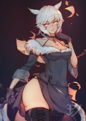 Rule 34 | absurdres, alternate costume, animal ears, black gloves, blind, boots, breasts, cat ears, cat girl, cat tail, choker, cleavage, dress, final fantasy, final fantasy xiv, fur trim, gloves, highres, huge filesize, medium breasts, miqo&#039;te, panties, short hair, solo, tail, thigh boots, thighhighs, thighs, underwear, white eyes, white hair, wide hips, xiahou xiansheng, y&#039;shtola rhul