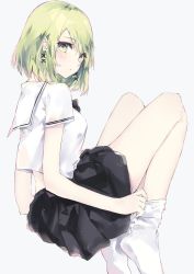 Rule 34 | 1girl, black bow, black bowtie, black skirt, blush, bob cut, bow, bowtie, closed mouth, commentary request, from side, green eyes, green hair, grey background, hair ornament, highres, looking at viewer, looking back, no shoes, original, sailor collar, school uniform, serafuku, shirt, short sleeves, simple background, skirt, socks, solo, tr (hareru), white sailor collar, white shirt, white socks, x hair ornament