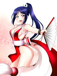 Rule 34 | 10s, 1girl, ass, bare shoulders, blue hair, blush, breasts, cosplay, hand fan, fatal fury, highres, kenken, kneeling, long hair, looking at viewer, love live!, love live! school idol project, love live! sunshine!!, matsuura kanan, medium breasts, open mouth, pelvic curtain, ponytail, purple eyes, shiranui mai, shiranui mai (cosplay), sideboob, smile, solo, the king of fighters, thighs