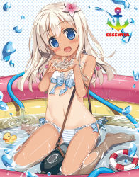 Rule 34 | 10s, 1girl, barefoot, bikini, blonde hair, blue eyes, blush, cupping hands, flower, front-tie top, fujima takuya, hair flower, hair ornament, head tilt, hose, kantai collection, long hair, looking at viewer, navel, one-piece tan, open mouth, own hands together, polka dot, polka dot background, ro-500 (kancolle), side-tie bikini bottom, sitting, smile, solo, straddling, striped bikini, striped clothes, swimsuit, tan, tanline, torpedo, wading pool, wariza, water, wet