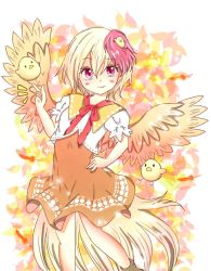 Rule 34 | 1girl, animal, animal on head, bird, bird on head, bird tail, bird wings, blonde hair, boots, brown footwear, chick, chicken, closed mouth, commentary request, dress, eyelashes, feathered wings, feathers, hand on own hip, momiji (chiakimomo), multicolored hair, neckerchief, niwatari kutaka, on head, orange dress, orange feathers, pointing, red eyes, red hair, red neckerchief, shirt, short hair, smile, solo, tail, touhou, two-tone hair, white shirt, wings, yellow wings