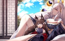 Rule 34 | 2girls, absurdres, aged down, amagi-chan (azur lane), animal ear fluff, animal ears, azur lane, breasts, brown hair, brown tail, closed eyes, coat, floral print, fox ears, hand on another&#039;s head, headpat, highres, huge breasts, indoors, japanese clothes, kimono, kitsune, kyuubi, long hair, moon phases, multiple girls, multiple tails, off shoulder, purple kimono, red coat, samip, shinano (azur lane), slit pupils, tail, thighs, white hair, white tail