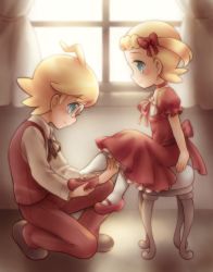 Rule 34 | 10s, 1boy, 1girl, blonde hair, blush, bonnie (pokemon), bow, brother and sister, child, choker, clemont (pokemon), closed mouth, creatures (company), curtains, dress, game freak, glasses, hair bow, hair ornament, highres, kneeling, long sleeves, looking at another, nintendo, pokemon, pokemon xy, porocha, profile, putting on shoes, red bow, shoes, short hair, siblings, sitting, smile, stool, white legwear, window