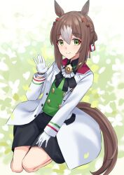Rule 34 | 1girl, absurdres, animal ears, ascot, black ribbon, black skirt, brown hair, buttons, career inada, closed mouth, clover hair ornament, collared shirt, commentary request, double-breasted, fine motion (umamusume), gloves, green shirt, hair between eyes, hair bun, hair ornament, highres, horse ears, horse girl, horse tail, jacket, kneeling, long sleeves, looking at viewer, multicolored hair, open clothes, open jacket, ribbon, shirt, short hair, simple background, skirt, smile, solo, streaked hair, tail, umamusume, white ascot, white gloves, white hair, white jacket