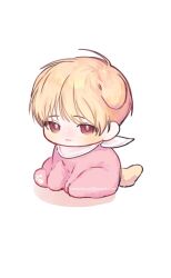 Rule 34 | 1boy, aged down, animal ears, baby, blonde hair, brown eyes, child, closed mouth, commentary request, debwi mos hamyeon jugneun byeong geollim, dog boy, dog ears, dog tail, email address, full body, kemonomimi mode, korean commentary, looking at viewer, male focus, onesie, park moondae, ronno 5, short hair, simple background, sitting, solo, tail, white background