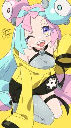 Rule 34 | 1girl, ;d, absurdres, artist name, bare shoulders, black jacket, blue hair, bow-shaped hair, braid, breasts, creatures (company), eyelashes, eyes visible through hair, game freak, gen 1 pokemon, grey pantyhose, halterneck, hexagon print, highres, iono (pokemon), jacket, kneeling, light blue hair, long hair, long sleeves, looking at viewer, low-tied long hair, magnemite, magnet, multicolored clothes, multicolored eyes, multicolored hair, multicolored jacket, nintendo, one-eyed, one eye closed, open mouth, pantyhose, pink eyes, pink hair, pokemon, pokemon (creature), pokemon sv, print pantyhose, purple eyes, screw, sharp teeth, simple background, single leg pantyhose, skindentation, sleeves past fingers, sleeves past wrists, small breasts, smile, solo, split-color hair, star (symbol), teeth, thigh strap, two-tone hair, two-tone jacket, very long hair, x, yellow background, yellow eyes, yellow jacket, zetsuyo chimayo