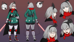 Rule 34 | 1girl, absurdres, adapted costume, black hairband, commentary, energy sword, english commentary, gradient background, green eyes, green kimono, grey hair, hairband, highres, holding, holding lightsaber, holding weapon, japanese clothes, kimono, konpaku youmu, konpaku youmu (ghost), lightsaber, multiple views, red eyes, red scarf, rewinderontan, robot, scarf, short hair, star wars, sword, touhou, weapon