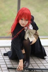 Rule 34 | 1girl, alastor (shakugan no shana), asian, breasts, coat, color contacts, cosplay, cosplay photo, highres, jewelry, katana, kipi-san, loafers, long hair, looking at viewer, mole, on one knee, overcoat, pendant, photo (medium), real life, red hair, school uniform, serafuku, shakugan no shana, shana, shana (cosplay), shoes, small breasts, solo, sword, thighhighs, weapon, zettai ryouiki
