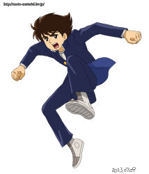 Rule 34 | 1boy, babel ii, blue pants, blue shirt, brown hair, clenched hand, dated, derivative work, ginko (silver fox), grey footwear, kamiya kouichi, open mouth, pants, shirt, solo, thick eyebrows, watermark, web address, white background