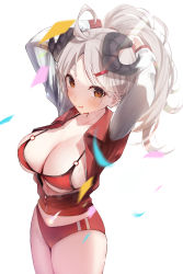 Rule 34 | 1girl, :p, ahoge, arms behind head, bikini, blue archive, breasts, brown eyes, buruma, cleavage, closed mouth, collarbone, confetti, cowboy shot, curled horns, from above, hair behind ear, hair ornament, hairclip, highres, horns, izumi (blue archive), jacket, large breasts, light blush, light brown hair, long sleeves, looking at viewer, nidaime (doronbo), o-ring, o-ring bikini, open clothes, open jacket, ponytail, red bikini, red buruma, red track suit, simple background, smile, solo, sweat, swimsuit, tongue, tongue out, track jacket, tying hair, upper body, white background
