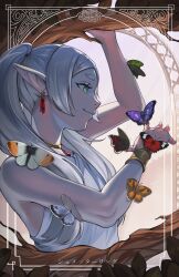 Rule 34 | 1girl, absurdres, bare arms, branch, bug, butterfly, earrings, frieren, highres, insect, jewelry, pointy ears, solo, sousou no frieren, voodoothur, white hair