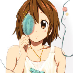 Rule 34 | 1girl, brown hair, diesel-turbo, feathers, female focus, hirasawa yui, k-on!, key, one eye covered, voice actor connection, short hair, solo, toyosaki aki, white background
