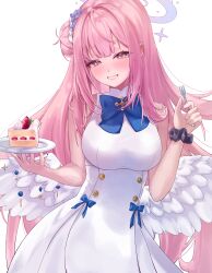 Rule 34 | 1girl, angel wings, bare shoulders, black scrunchie, blue archive, blue bow, blush, bow, breasts, cake, cake slice, commentary, dress, feathered wings, flower, food, fork, frilled ribbon, frills, hair bun, hair flower, hair ornament, hair ribbon, halo, happy, highres, holding, holding fork, holding plate, large breasts, lemon (user kwfp8524), long hair, looking at viewer, low wings, mika (blue archive), pink hair, plate, purple flower, raised eyebrows, ribbon, scrunchie, simple background, single side bun, sleeveless, sleeveless dress, smile, solo, standing, teeth, underbust, very long hair, white background, white dress, white ribbon, white wings, wing ornament, wings, wrist scrunchie, yellow eyes
