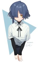 Rule 34 | 1girl, black ribbon, black skirt, blue hair, bocchi the rock!, closed mouth, collared shirt, commentary, dated, eyes visible through hair, hair over one eye, highres, layered sleeves, long sleeves, pleated skirt, ribbon, shirt, short hair, short over long sleeves, short sleeves, signature, sk tsu96, skirt, solo, upper body, white shirt, yamada ryo, yellow eyes