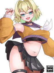 Rule 34 | 1girl, :d, black choker, black skirt, blonde hair, brown tank top, choker, commentary request, green eyes, hair intakes, highres, long sleeves, looking at viewer, mizuhashi parsee, navel, open mouth, pleated skirt, pointy ears, puffy sleeves, short hair, simple background, skirt, smile, solo, tank top, tomekami, touhou, white background