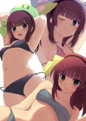 Rule 34 | 1girl, absurdres, angel beats!, belly, bikini, blush, bow, clannad, commentary request, dango daikazoku, green eyes, hair bow, hairband, highres, lelie (lelie link), looking at viewer, medium hair, nakamura yuri, navel, open mouth, purple hair, solo, swimsuit