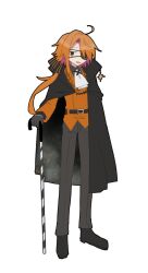Rule 34 | 1boy, ahoge, ascot, belt, black belt, black cloak, black footwear, black ribbon, black shirt, buttons, cane, cloak, collared shirt, colored inner hair, daichi asahi, double-breasted, earrings, eyepatch, full body, gloves, grey gloves, grey pants, hair ribbon, holding, holding cane, jacket, jewelry, long hair, long sleeves, male focus, multicolored hair, open mouth, orange eyes, orange hair, orange jacket, original, pants, personification, pink hair, ribbon, shirt, side ponytail, simple background, single earring, smile, solo, striped ribbon, transparent background, usagi nui, white ascot