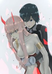 Rule 34 | 10s, 1boy, 1girl, black hair, blue eyes, couple, crying, crying with eyes open, darling in the franxx, gloves, green eyes, hiro (darling in the franxx), horns, hug, hug from behind, long hair, pilot suit, pink hair, short hair, tears, white gloves, x458132584, zero two (darling in the franxx)