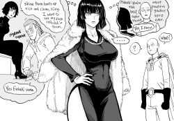 Rule 34 | ..., ?, absurdres, bald, bb (baalbuddy), belt, black dress, black hair, breasts, cape, dress, english text, fubuki (one-punch man), fur jacket, gloves, greyscale, hand on own hip, high heels, highres, hime cut, jacket, jewelry, jumpsuit, king (one-punch man), large breasts, monochrome, necklace, one-punch man, saitama (one-punch man), scar, scar across eye, scar on face, short hair, side slit, simple background, sitting, speech bubble, thought bubble, white background