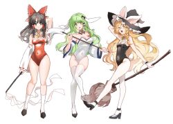 Rule 34 | 3girls, adapted costume, bare shoulders, black eyes, black footwear, black hair, black headwear, black leotard, blonde hair, blush, bow, braid, broom, closed mouth, commentary, covered navel, detached collar, detached sleeves, frog hair ornament, full body, gohei, green eyes, green hair, hair between eyes, hair bow, hair ornament, hair tubes, hakurei reimu, hat, high heels, highres, holding, holding broom, holding gohei, kirisame marisa, kochiya sanae, leotard, long hair, multiple girls, open mouth, pantyhose, red bow, red leotard, ribbon-trimmed sleeves, ribbon trim, sarukana, sidelocks, simple background, single braid, snake hair ornament, socks, strapless, strapless leotard, symbol-only commentary, thighhighs, touhou, white background, white leotard, white pantyhose, white sleeves, white socks, white thighhighs, wide sleeves, witch hat, wrist cuffs, yellow eyes