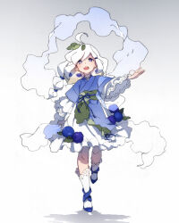 Rule 34 | 1girl, absurdres, blue eyes, blue footwear, blue kimono, dress, flower request, frilled dress, frills, full body, gradient background, grey background, hagoromo, hair ornament, hairclip, highres, japanese clothes, kimono, lace-trimmed sleeves, lace trim, layered dress, layered sleeves, leaf hair ornament, long hair, long sleeves, looking at viewer, multi-tied hair, nanahyaku torako, obi, open mouth, original, outstretched arm, patterned hair, personification, sash, see-through, shawl, shoes, short dress, short over long sleeves, short sleeves, socks, solo, swept bangs, walking, white background, white dress, white socks, wide sleeves