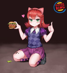 Rule 34 | 1girl, ahoge, animal ears, annie (league of legends), bad id, bad pixiv id, blush, burger, burger king, child, coffeearty, fake animal ears, food, green eyes, hairband, half-closed eyes, heart, highres, kneeling, league of legends, looking at viewer, medium hair, pleated skirt, puffy short sleeves, puffy sleeves, red eyes, shoes, short sleeves, skirt, smile, socks, solo, striped clothes, striped socks, thumbs up