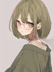 Rule 34 | 1girl, 51wa02, bespectacled, blush, glasses, green eyes, green hair, highres, idolmaster, idolmaster shiny colors, looking at viewer, looking to the side, nanakusa nichika, round eyewear, short hair, simple background, solo, upper body, white background