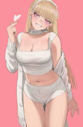 Rule 34 | 1girl, blonde hair, blush, breasts, claire volikova, cleavage, coat, commentary, cowboy shot, cropped shirt, duffel coat, earrings, finger heart, gluteal fold, grin, hairband, hand up, heart, highres, jewelry, jourd4n, large breasts, legs together, long hair, long sleeves, looking at viewer, midriff, navel, off shoulder, open clothes, open coat, original, pink background, pink eyes, shirt, short shorts, shorts, simple background, smile, solo, standing, symbol-only commentary, thigh gap, very long hair, white coat, white hairband, white shirt, white shorts