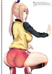 Rule 34 | 10s, 1girl, ass, back, black shirt, black socks, blonde hair, blouse, breasts, buruma, collared shirt, english text, engrish text, female focus, fingernails, from behind, hews, highres, huge ass, kawakami mai, kneehighs, large breasts, layered clothes, long fingernails, long hair, looking at viewer, looking back, mole, mole under eye, musaigen no phantom world, purple eyes, ranguage, school uniform, shiny skin, shirt, shoes, side ponytail, simple background, skindentation, sneakers, socks, solo, spread legs, squatting, sweater vest, taut clothes, thick thighs, thighs, uwabaki, white background