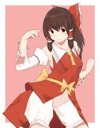 Rule 34 | 1girl, bloomers, blush, bow, breasts, brown hair, clenched hand, closed mouth, commentary request, contrapposto, cookie (touhou), cowboy shot, detached sleeves, frilled bow, frilled hair tubes, frills, hair between eyes, hair bow, hair tubes, hakurei reimu, highres, kanna (cookie), long hair, looking at viewer, medium breasts, necktie, pink background, red bow, red eyes, red shirt, ribbon-trimmed sleeves, ribbon trim, rizeass, shirt, sleeveless, sleeveless shirt, smile, solo, touhou, two-tone background, underwear, white background, white sleeves, yellow bow, yellow necktie