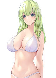 Rule 34 | 1girl, absurdres, bikini, blush, breasts, closed mouth, commentary request, green hair, highres, large breasts, long hair, marui koishi, navel, original, simple background, smile, solo, stomach, swimsuit, white background, white bikini