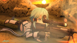 Rule 34 | 1girl, aiming, anti-materiel rifle, ass, belt pouch, black footwear, black gloves, black shorts, blue eyes, blue hair, blurry, blurry background, bolt action, butt crack, chaps, cloud, commentary, fingerless gloves, firing, gloves, green jacket, green legwear, gun, hair between eyes, hair ornament, hairclip, highres, holding, jacket, long sleeves, lying, mysteryctu, on stomach, outdoors, pgm hecate ii, pouch, rifle, scarf, shadow, shoes, short hair, short hair with long locks, short shorts, shorts, sidelocks, signature, sinon, sniper rifle, solo, sunset, sword art online, trigger discipline, weapon