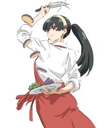 Rule 34 | 1girl, apron, black hair, breasts, chopping, cutting, earrings, food, gold earrings, hairband, highres, holding, holding knife, jewelry, kitchen knife, knife, large breasts, long hair, long sleeves, looking at viewer, mitsugu, onion, red eyes, shirt, sidelocks, smile, solo, spy x family, white hairband, yor briar