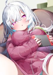 Rule 34 | 1girl, :o, absurdres, ahoge, bare shoulders, blue hair, blush, breasts, commentary request, hair between eyes, highres, holding, jacket, kamioka shun&#039;ya, long hair, long sleeves, looking at viewer, lying, medium breasts, multicolored hair, nintendo switch, off shoulder, on back, original, parted lips, purple eyes, red jacket, shiori (kamioka shun&#039;ya), sleeves past wrists, solo, spread legs, two-tone hair, very long hair, white hair