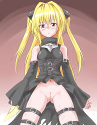 Rule 34 | 00s, 1girl, belt, blonde hair, blush, bottomless, cleft of venus, detached sleeves, konjiki no yami, long hair, navel, no panties, pussy, rayphenos, red eyes, solo, thigh strap, to love-ru, twintails, two side up, uncensored